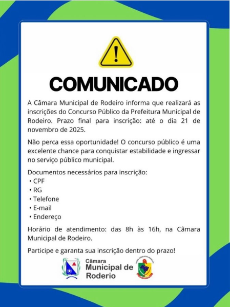 Inscrições para o Concurso Público da Prefeitura Municipal de Rodeiro.